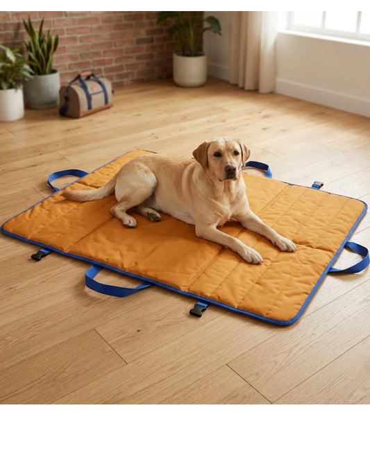 Loftx XL Folding Dog Travel Mat 120 x 85 cm Amber and Cobalt - Lifestyle view