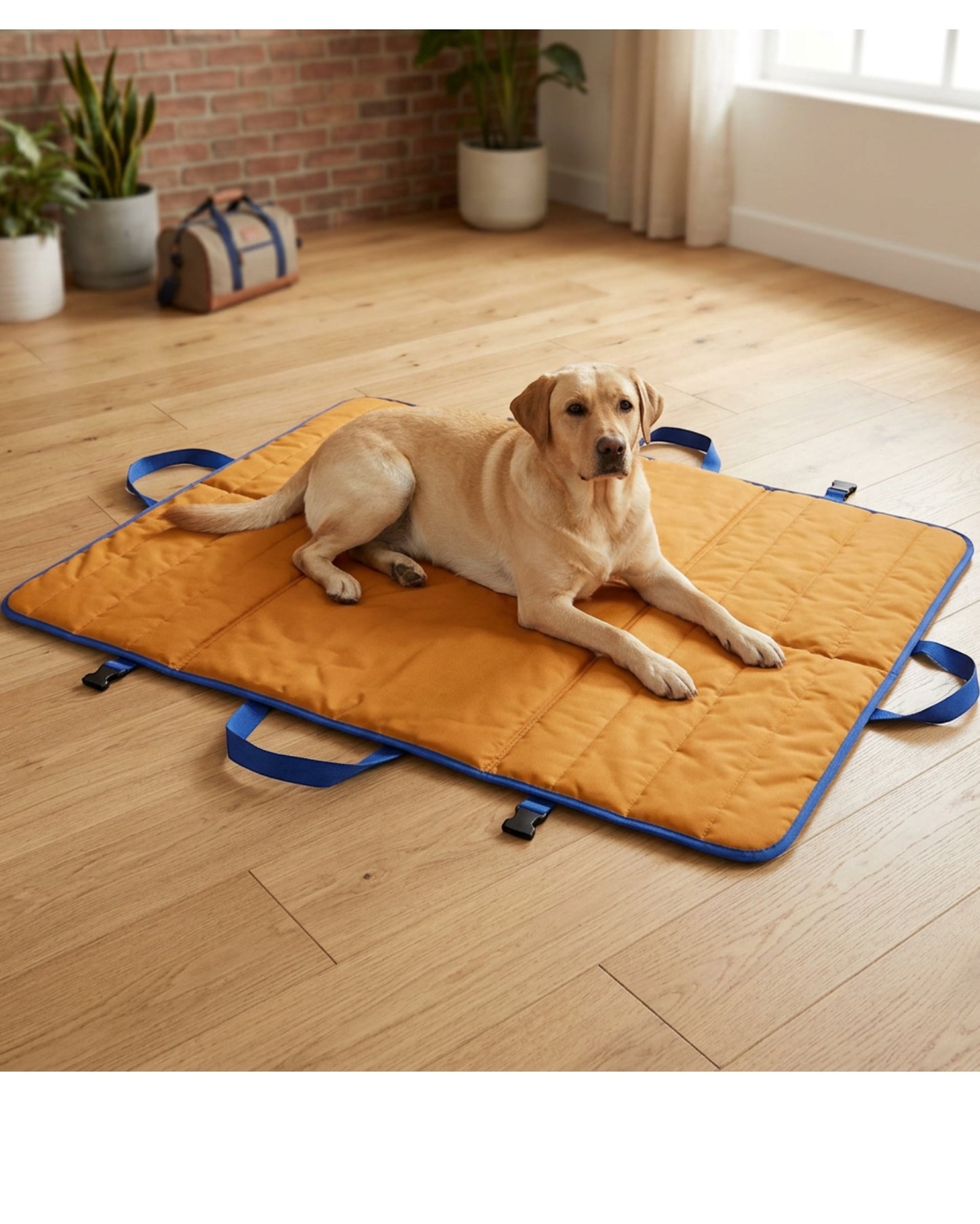 Loftx XL Folding Dog Travel Mat 120 x 85 cm Amber and Cobalt - Lifestyle view